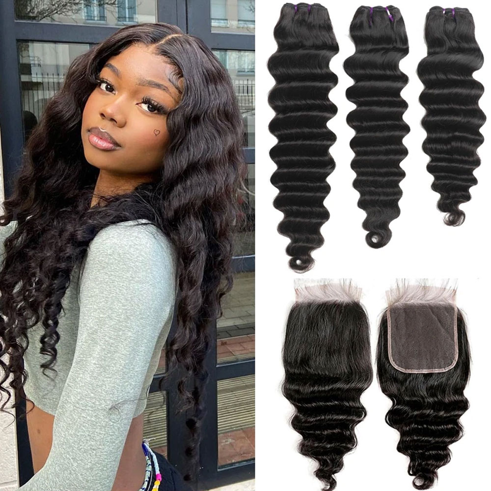 Deep Wave 3 Bundles With Closure - ルーズディープウェーブヘアバンドル（クロージャー付き）5x5 6x6 人毛HDレースクロージャーと未加工オリジナルヘアバンドル（フロントクロージャー付き）13x6