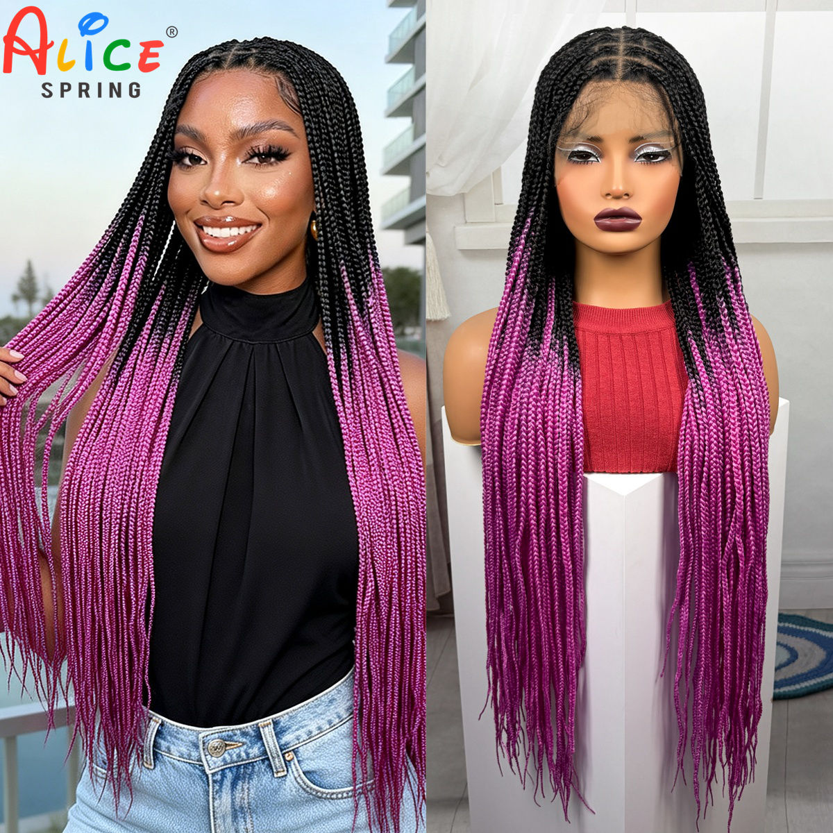 Synthetic Braided Wigs For Black Women - 36インチ ピンクカラー ボックスブレイドウィッグ 合成フルレース ノットレスブレイドウィッグ ベビーヘア付き