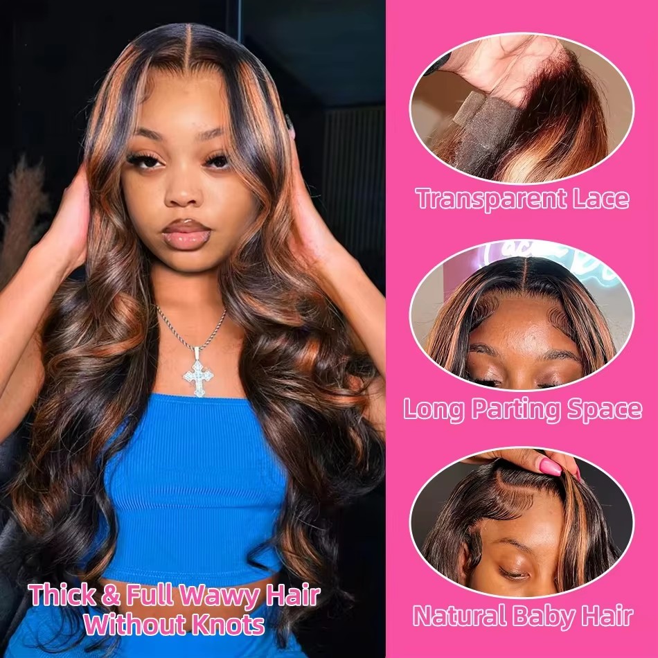 Human Hair Wigs - ハイライトオンブレ13x4レースフロントウィッグ人毛ボディウェーブレースフロントプレプラッキング済み13x6 1B/30ブラウンハイライトウィッグ220密度女性用