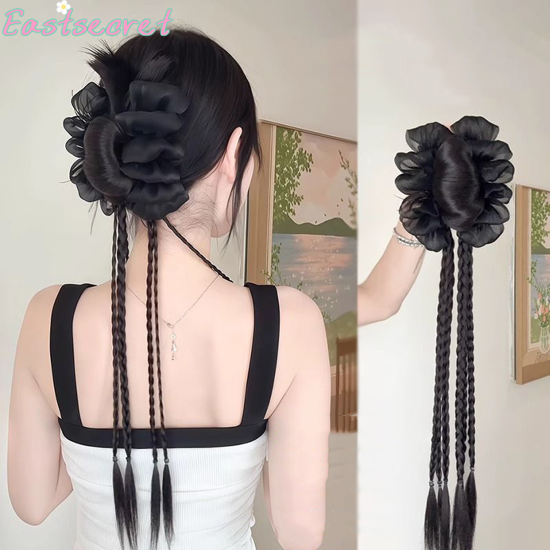 Claw Clip Messy Bun Hair Piece - 黒いリボンが付いた半分結びのヘアクリップ、羽根飾り付きのヘアエクステンション、無造作なアップスタイル用ヘアクリップ、高い位置で結ぶポニーテール用ヘアアクセサリー。