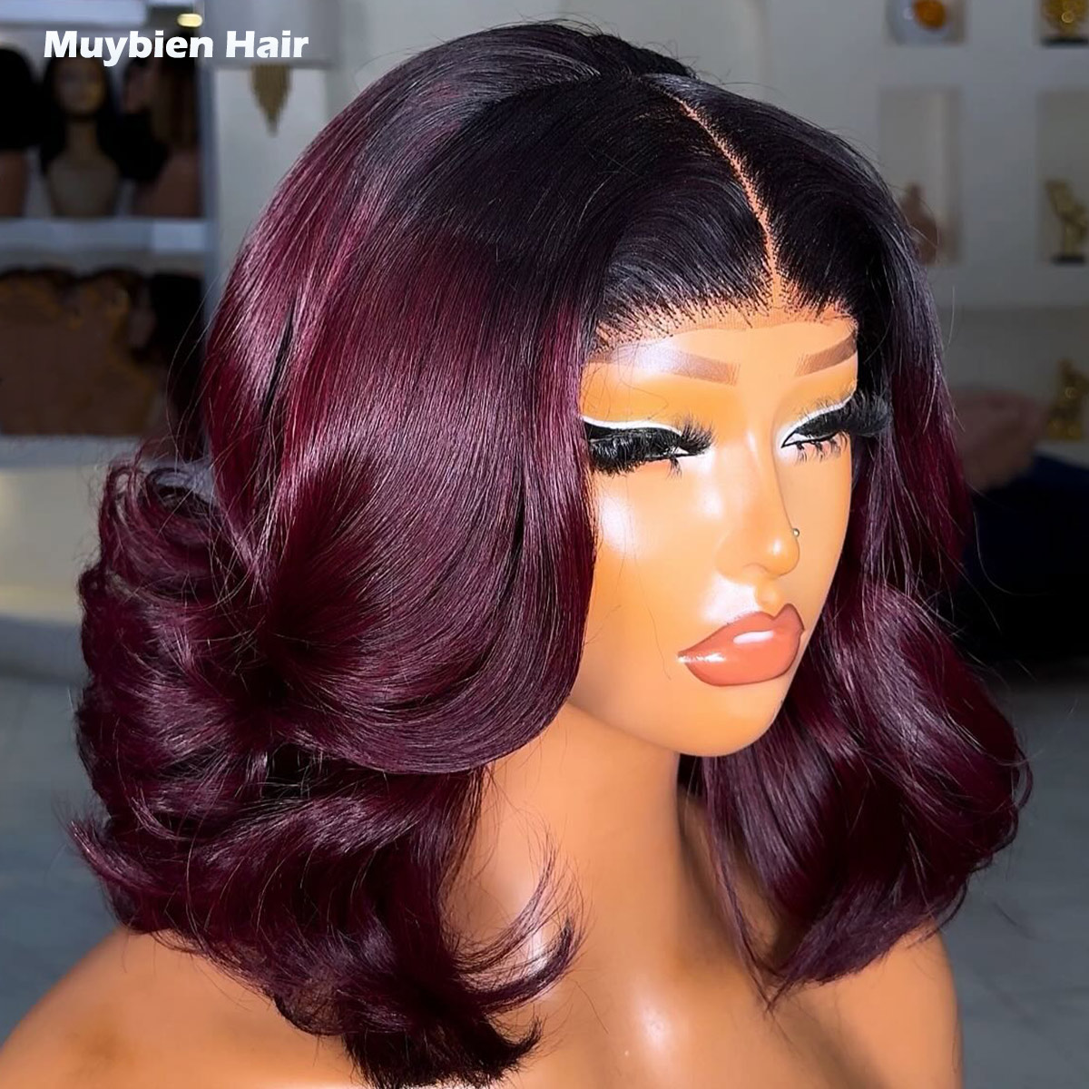 Glueless Wear And Go Human Hair Wig - 装着簡単グルーレスボブウィッグ人毛オンブレバーガンディルーズウェーブウィッグ人毛13x4 HDレースフロントT1b/99j弾むカールウィッグ