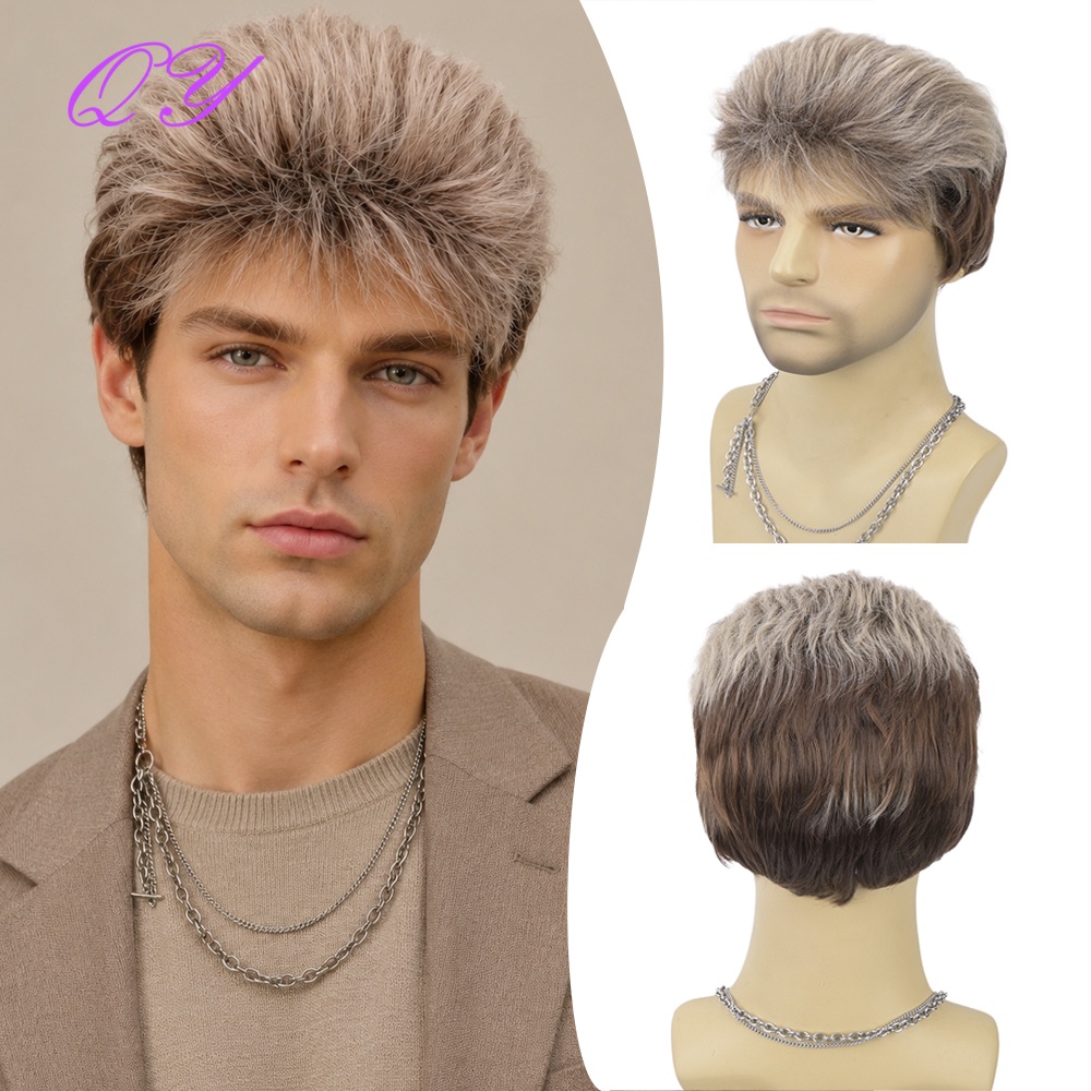 Synthetic Wigs - 合成ショートブラウン亜麻色メンズレイヤードふわふわウィッグ前髪付き、高品質高温繊維ウィッグ、日常またはパーティー用