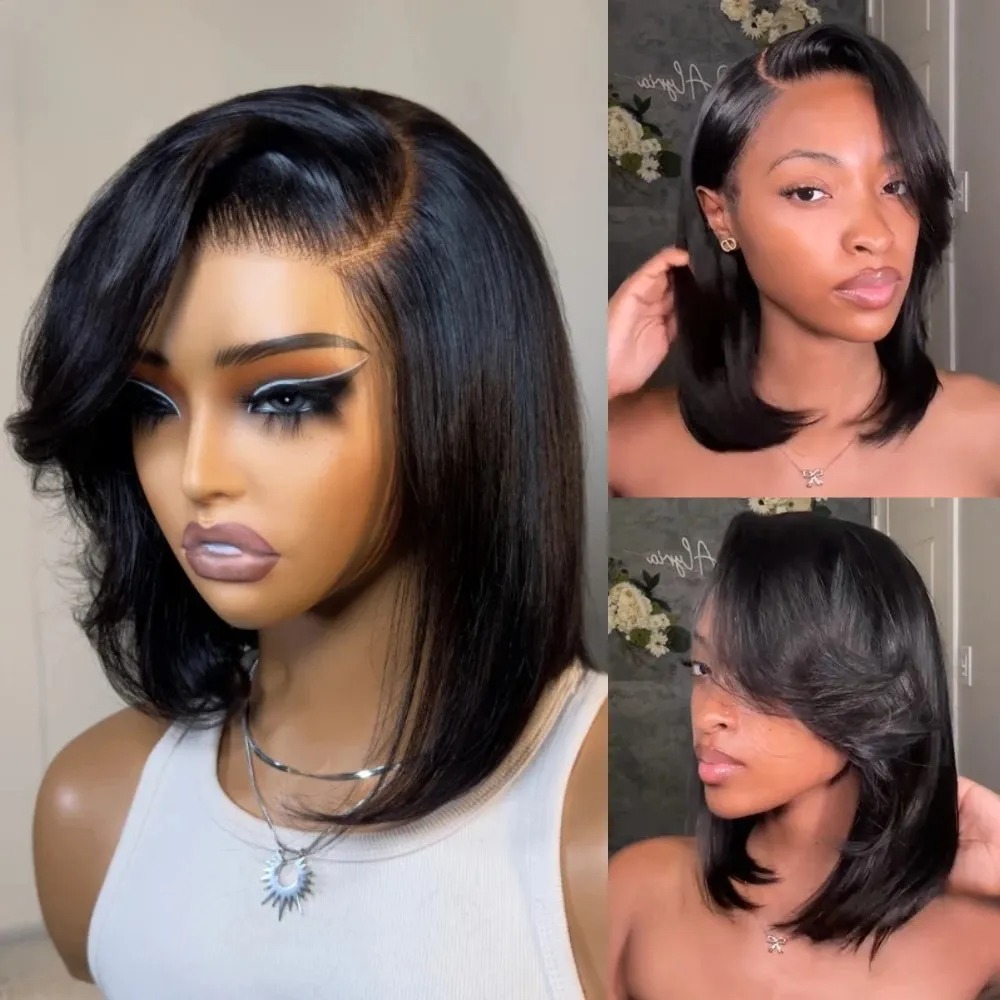 Pre Parted 13X4 Lace Front Bob Wig - 黒色のショートボブストレートレースフロントウィッグ（前髪付き）13x4 HDショートレースウィッグ、プレプラッキング済みサイドパート、合成繊維とブレンドレースウィッグ