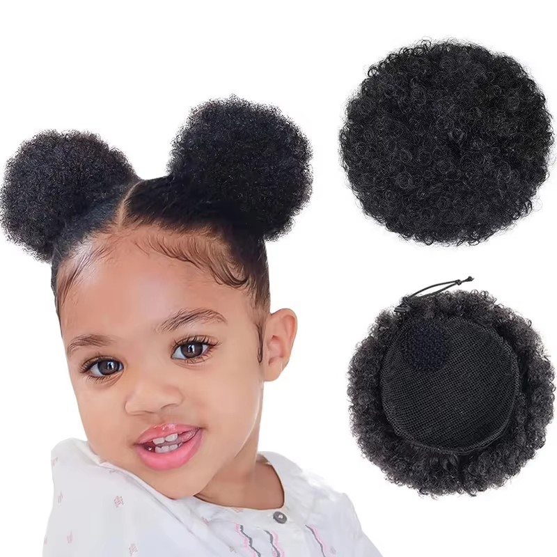 Drawstring Afro Curly Puff Ponytail - 1個/パック キッズヘアパフ ナチュラルブラック人毛アフロパフ ドローストリングポニーテール 女の子用 4インチ