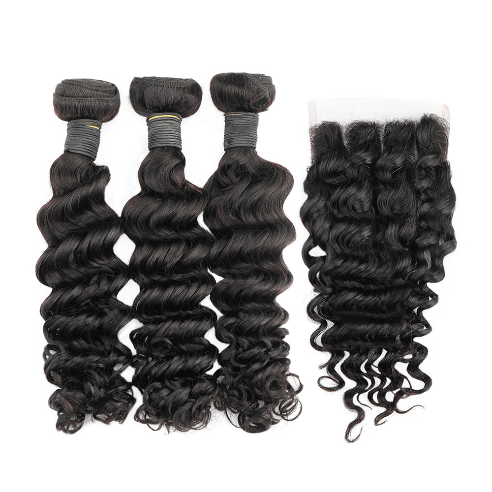 Deep Wave 3 Bundles With Closure - クロージャー付きディープウェーブストランド,ブラジルのバージン人毛,3ストリップ,4x4レースクロージャー,ディープカーリー,ナチュラル,8〜24インチ