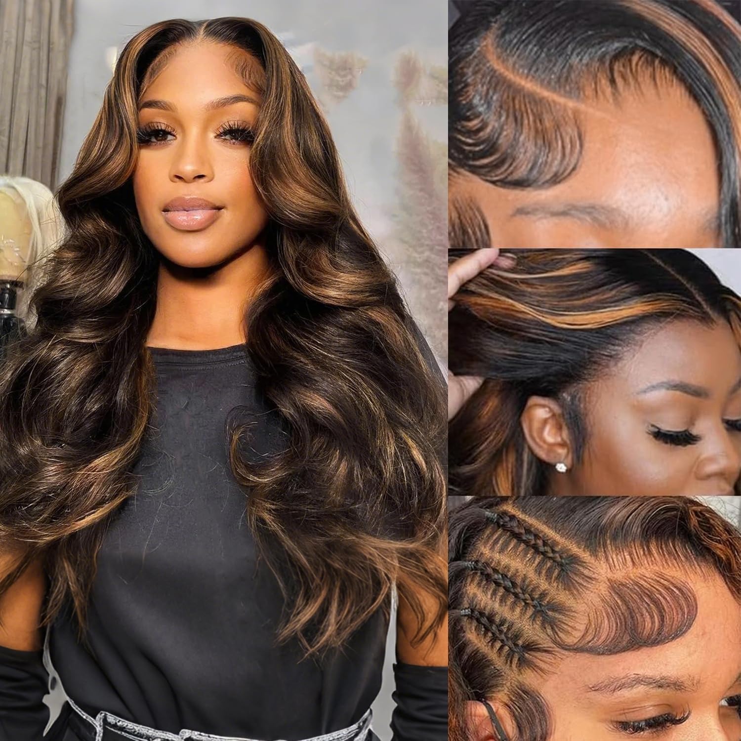 Lace Front Wigs - P1B/30 ウィッグ 100%人毛 グルーレスウィッグ 人毛9x6レースフロントウィッグ ボディウェーブ