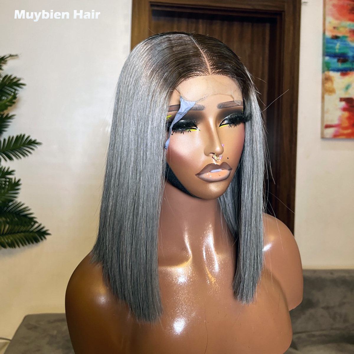 Glueless Wear And Go Human Hair Wig - スーパーダブルドローンボーンストレートグレー、ダーク4×4クロージャー付き人毛オンブレグレーレースフロントボブウィッグ、接着剤不要、ブラントカット、オブ