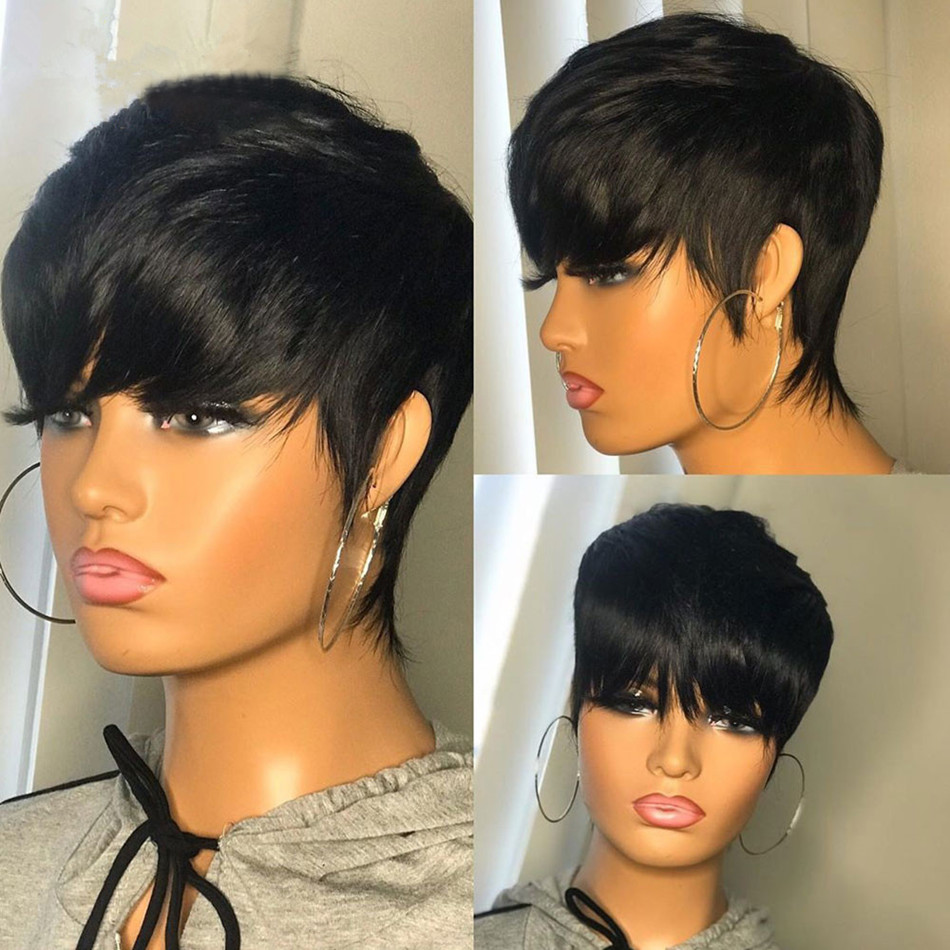 短い人毛ウィッグ、ピクシーカット、ストレート、ブラジル産、黒 - Short Pixie Cut Wig Human Hair Cheap のレビューと価格