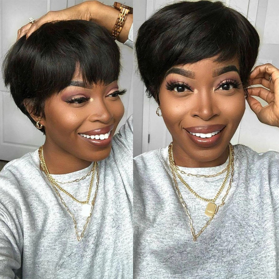 短い人毛ウィッグ、ピクシーカット、ストレート、ブラジル産、黒 - Short Pixie Cut Wig Human Hair Cheap のレビューと価格