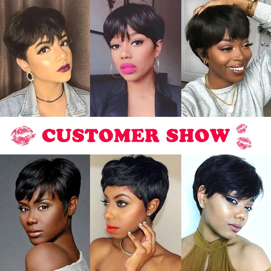 短い人毛ウィッグ、ピクシーカット、ストレート、ブラジル産、黒 - Short Pixie Cut Wig Human Hair Cheap のレビューと価格