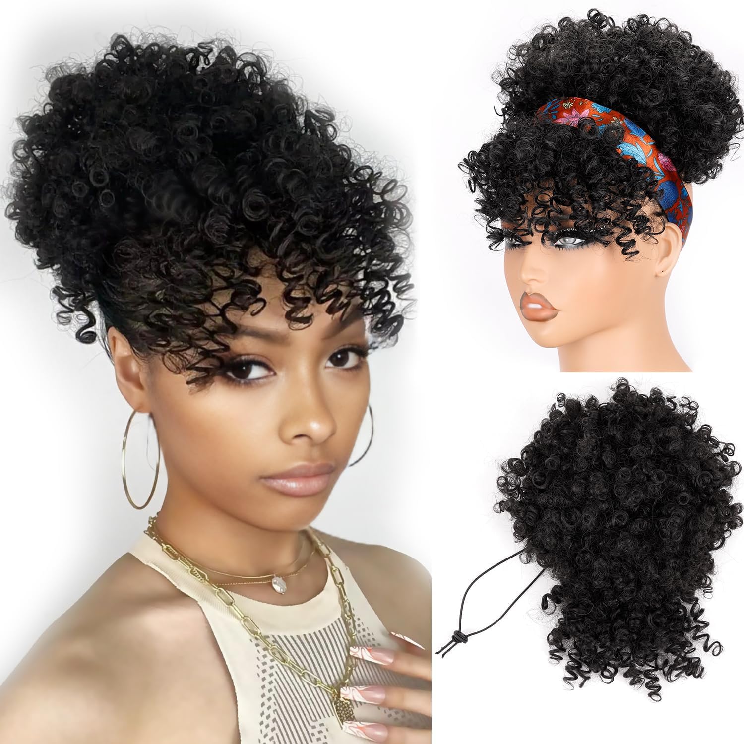 ショートドローストリングポニーテール（前髪付き）アフロパフポ - Drawstring Afro Curly Puff Ponytail のレビューと価格