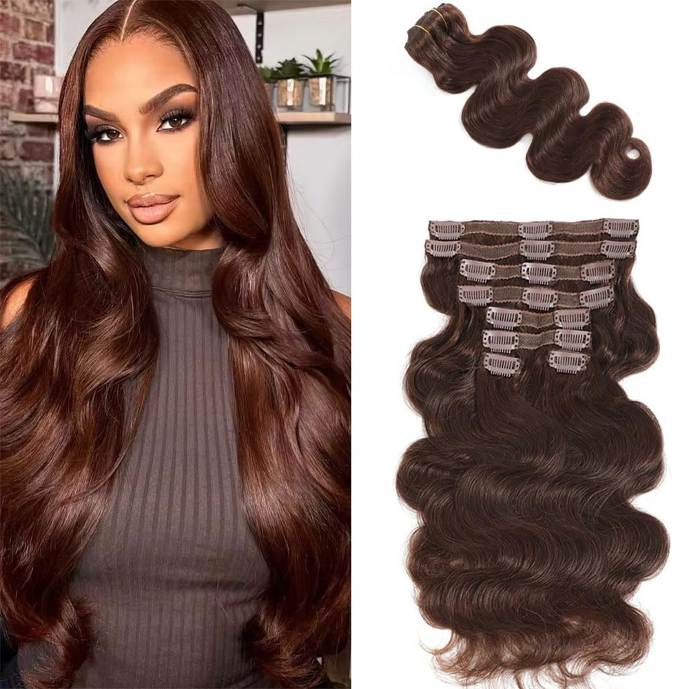 # 4つのチョコレートブラウンのボディウェーブクリップ式人毛 - Seamless Clip In Hair Extensions Human Hair のレビューと価格
