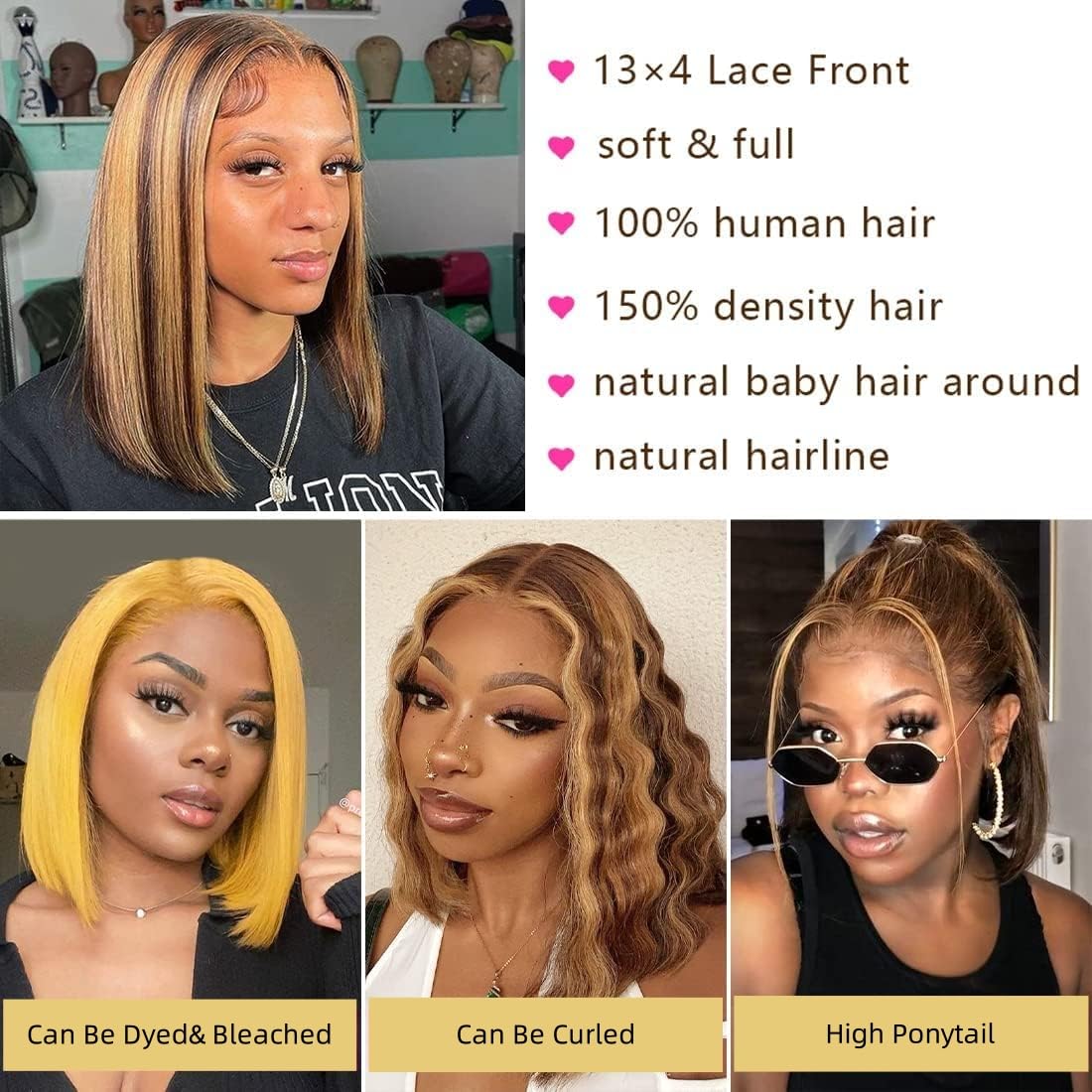 ボブウィッグ 人毛 13x4 HDレースフロント ショートス - Pre Parted 13X4 Lace Front Bob Wig のレビューと価格
