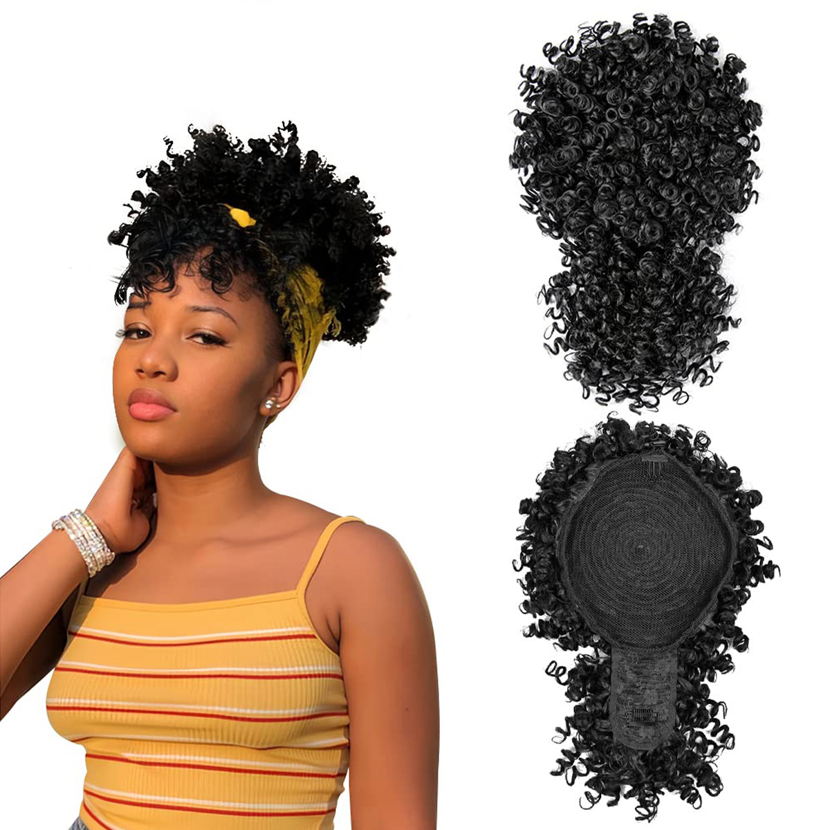 フリンジ付きアフロパフ合成引きひもポニーテール、黒人女性用パ - Drawstring Afro Curly Puff Ponytail のレビューと価格