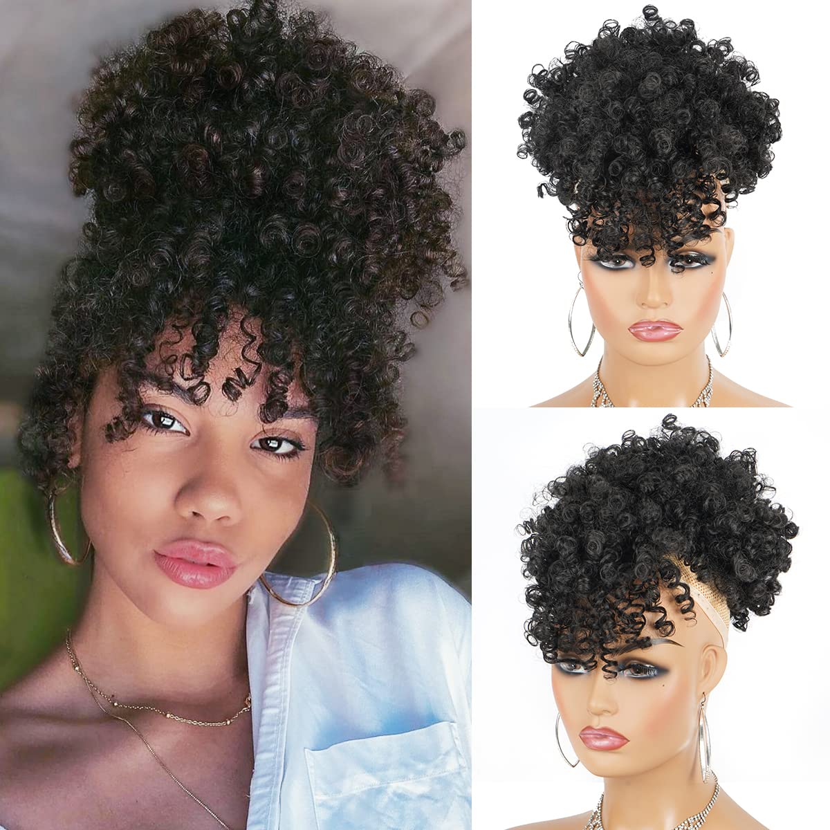 フリンジ付きアフロパフ合成引きひもポニーテール、黒人女性用パ - Drawstring Afro Curly Puff Ponytail のレビューと価格