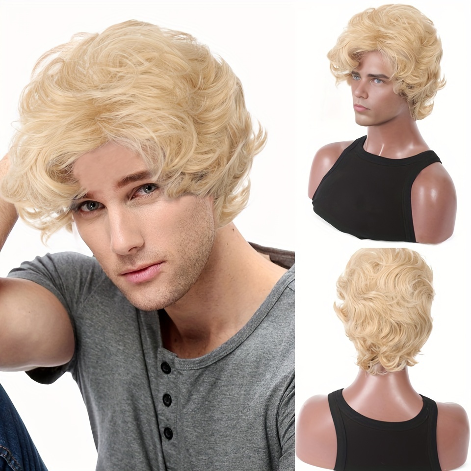 メンズブロンドウィッグショート波状ふわふわ合成ウィッグコスチ - Synthetic Wigs のレビューと価格