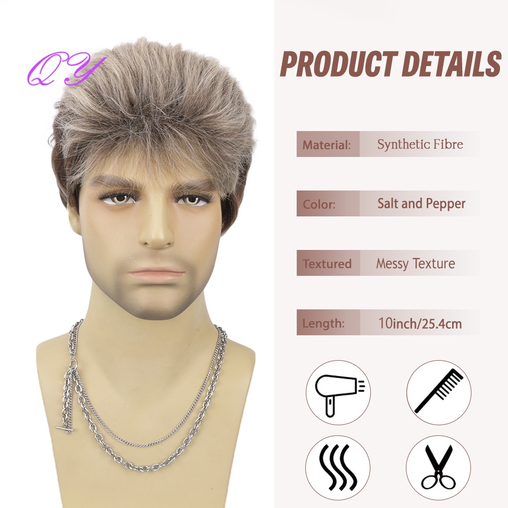 合成ショートブラウン亜麻色メンズレイヤードふわふわウィッグ前 - Synthetic Wigs のレビューと価格