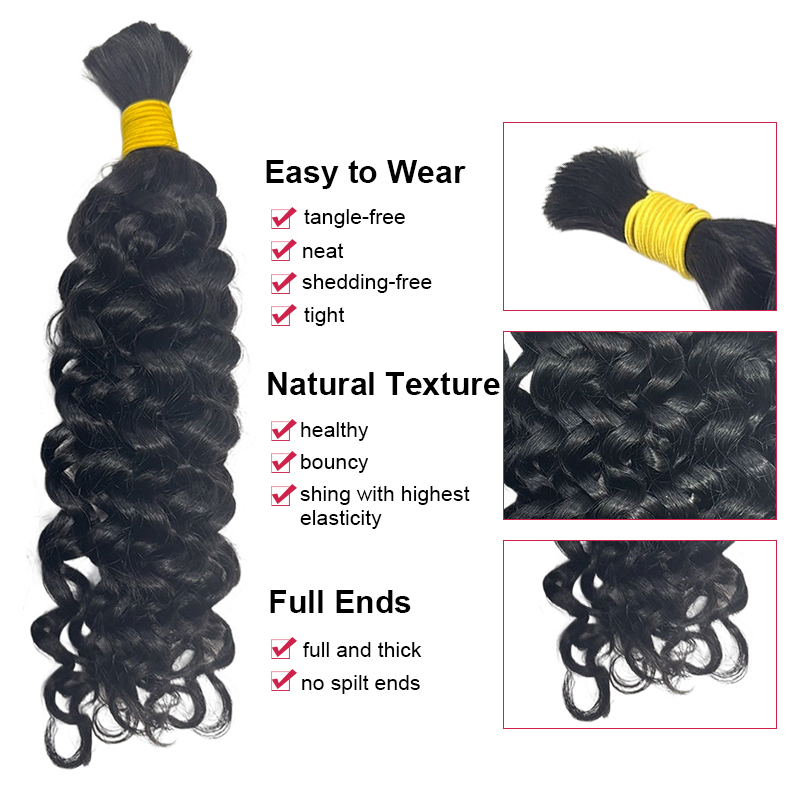 水波状のバルク人毛、編み込み用、カール、ウェフトなし、ブラジ - Water Wave Bulk Human Hair For Braiding のレビューと価格