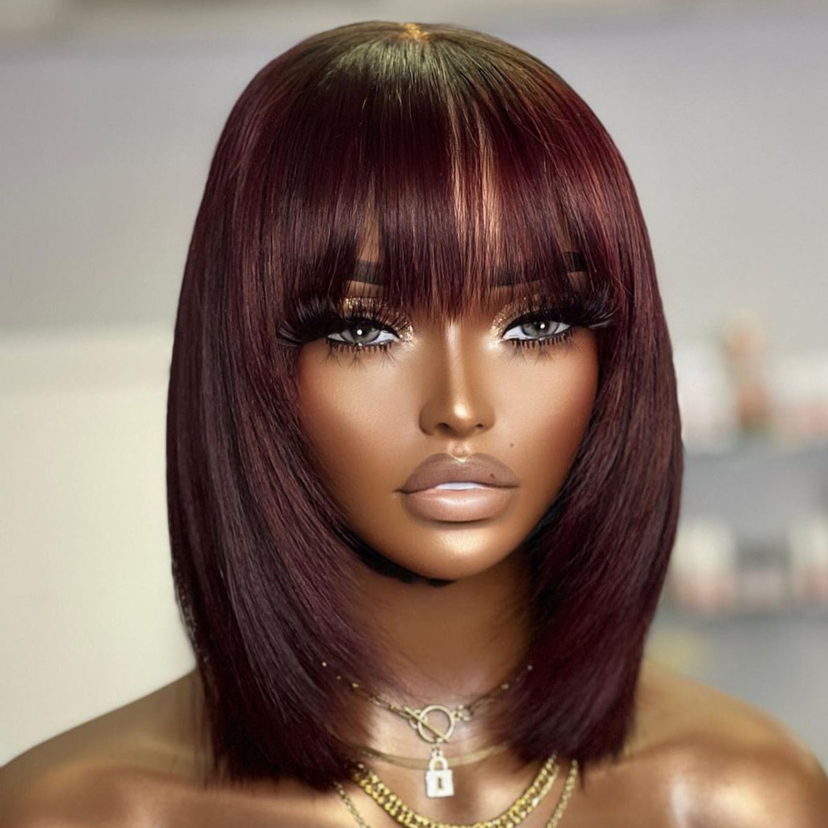 ショートボブウィッグ、前髪付きレイヤードストレート人毛ボブ、 - Lace Front Wigs のレビューと価格