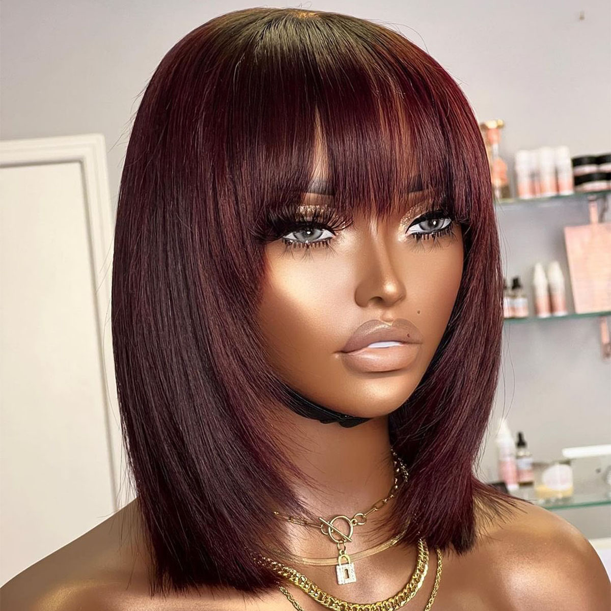 ショートボブウィッグ、前髪付きレイヤードストレート人毛ボブ、 - Lace Front Wigs のレビューと価格