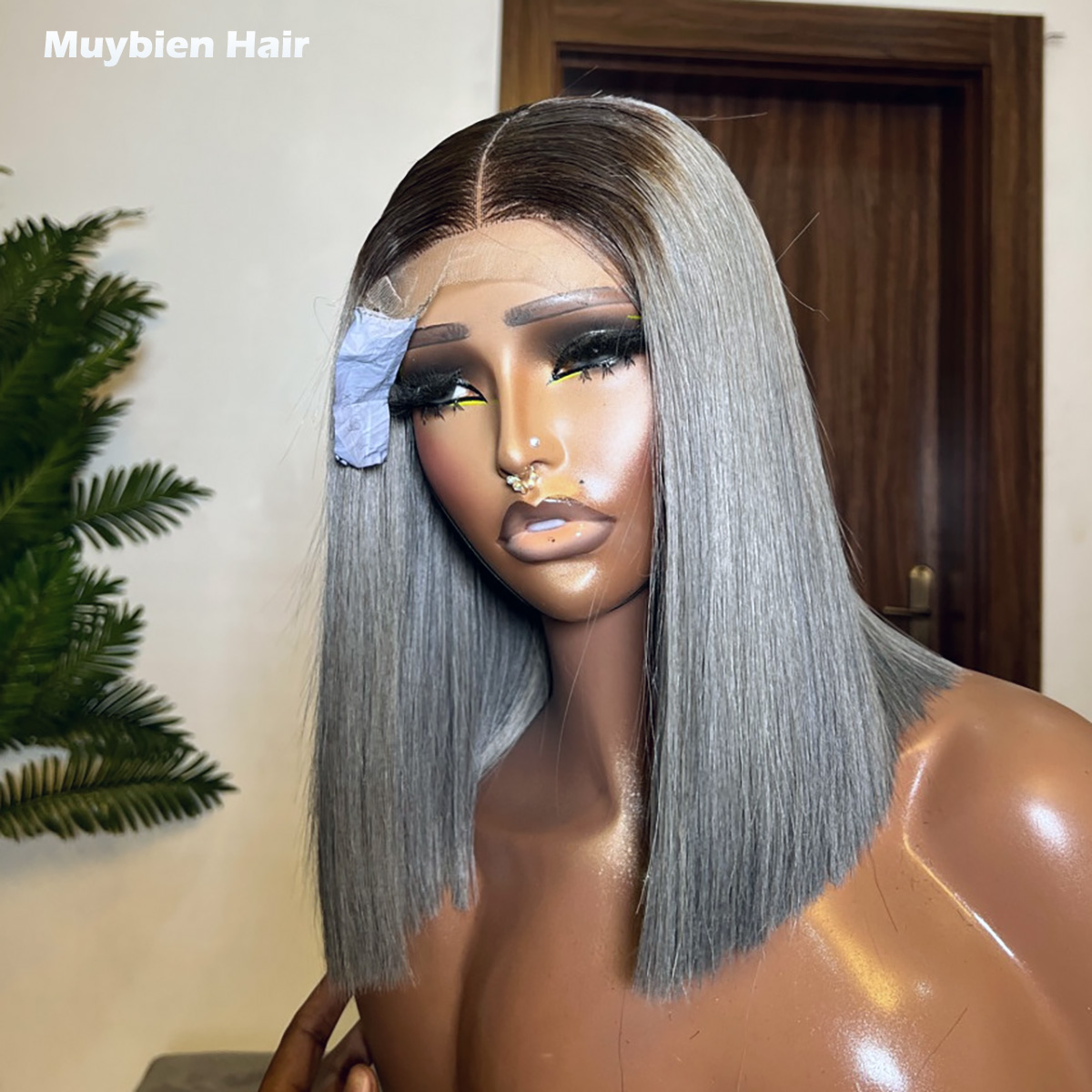 スーパーダブルドローンボーンストレートグレー、ダーク4×4ク - Glueless Wear And Go Human Hair Wig のレビューと価格